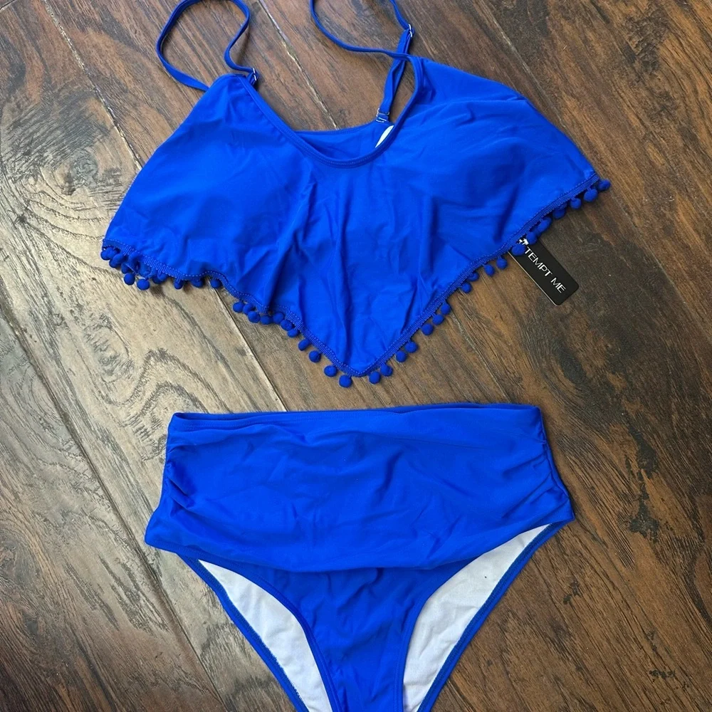 Vibrant Blue High-Waisted Bikini with Fringe Detail.   <<<<104>>>>> - Picture 5 of 6